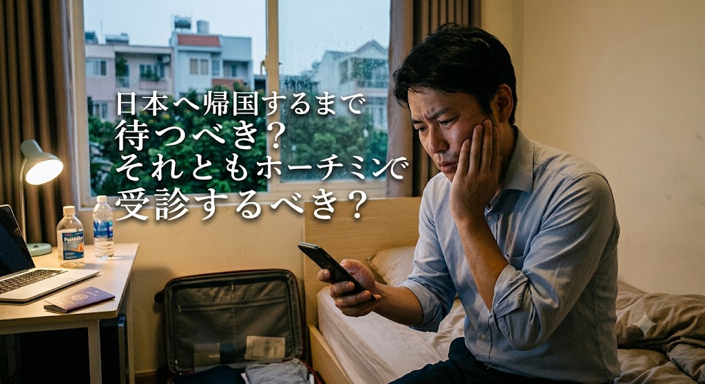日本で治療するのか？ホーチミンで治療するのか？考えてる歯が痛い駐在員の絵