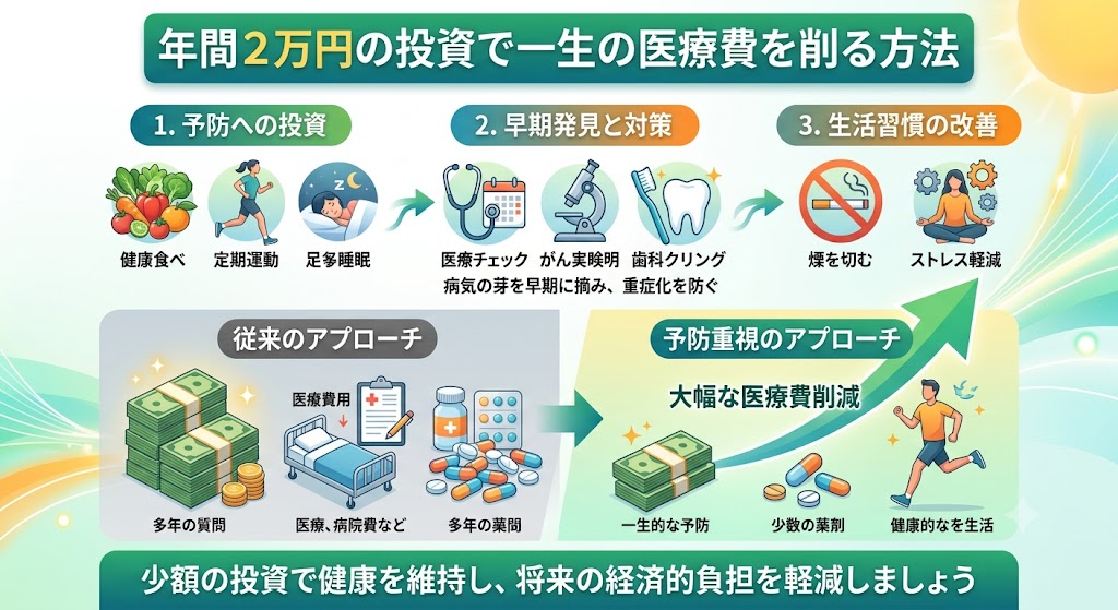 年間2万円の歯医者の定期検診を行うことで生涯の医療費が安くなる図