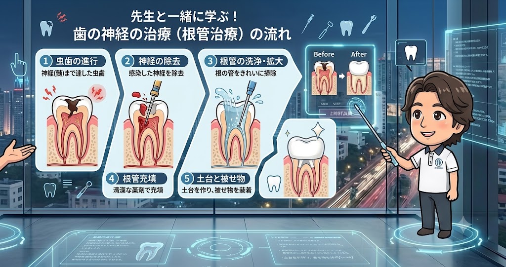 ありが歯科の有賀先生が根管治療の説明をする絵